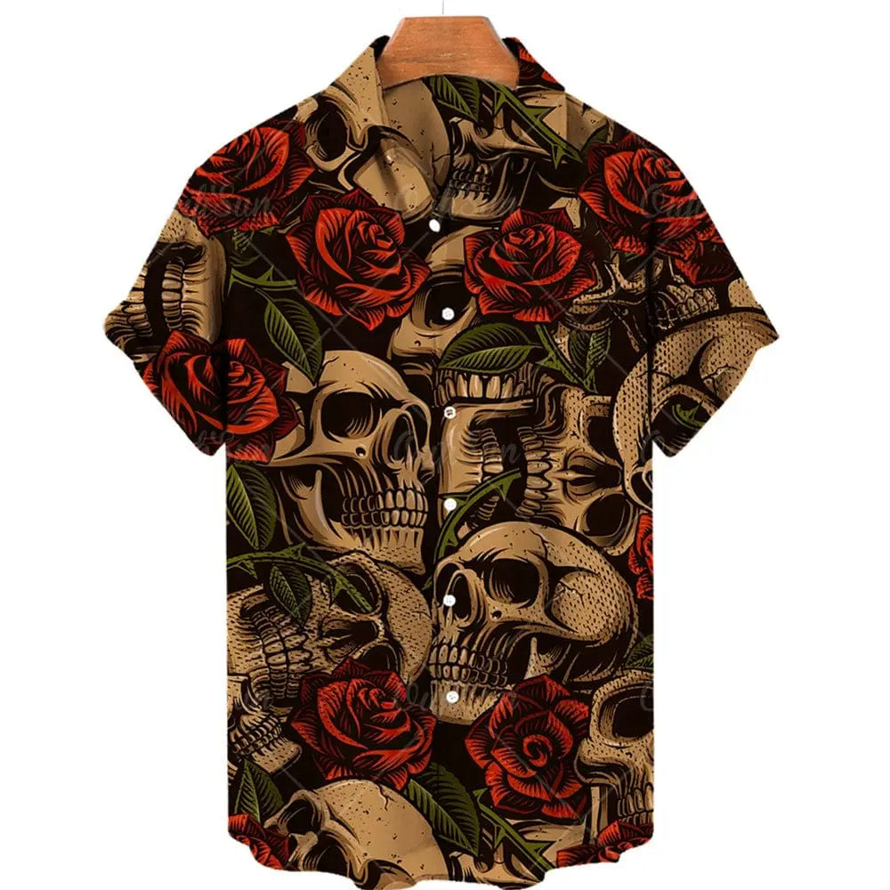 Skull Print Hawaiian Polo Shirt - SHOWLU FASHION STORE