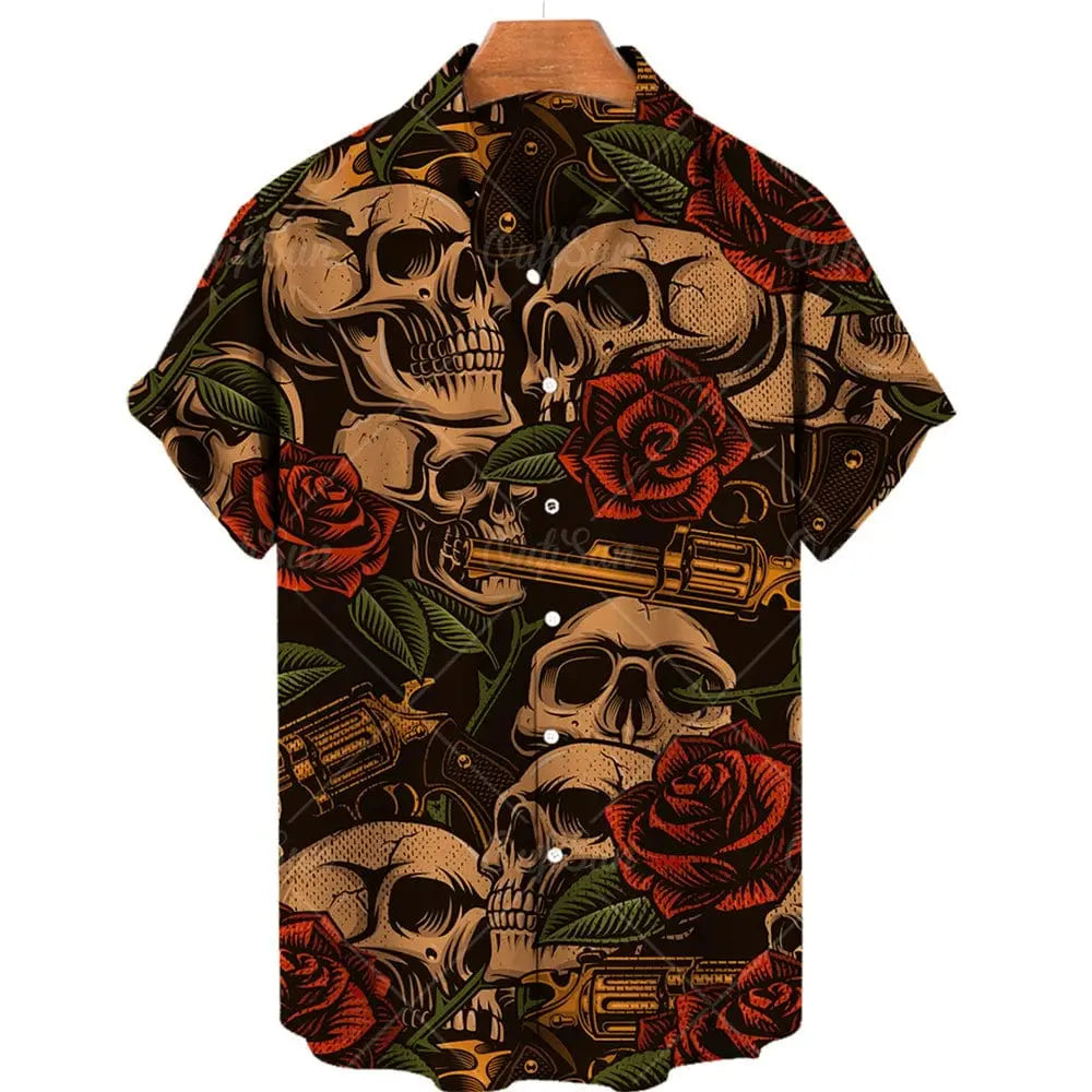Skull Print Hawaiian Polo Shirt - SHOWLU FASHION STORE