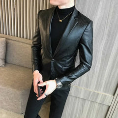 Showlu Fashion Store 0 Slim Fit Blazers Jackets For Men PU Leather Suit Coats Men Leather Jackets Male Business Casual Suit Coats Man Blazers Size 4XL