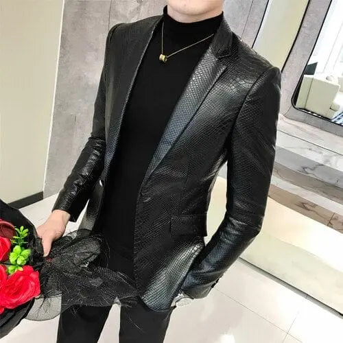 Showlu Fashion Store 0 159 / S Slim Fit Blazers Jackets For Men PU Leather Suit Coats Men Leather Jackets Male Business Casual Suit Coats Man Blazers Size 4XL