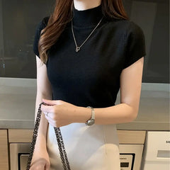 Spring Summer Women Knitted T-Shirts Short Sleeve Shirts Tops Female Elastic Slim Casual Knit Tee Crop Tops Women's T-Shirts - SHOWLU FASHION STORE