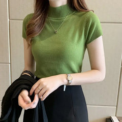 Spring Summer Women Knitted T-Shirts Short Sleeve Shirts Tops Female Elastic Slim Casual Knit Tee Crop Tops Women's T-Shirts - SHOWLU FASHION STORE