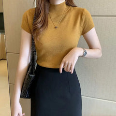 Spring Summer Women Knitted T-Shirts Short Sleeve Shirts Tops Female Elastic Slim Casual Knit Tee Crop Tops Women's T-Shirts - SHOWLU FASHION STORE