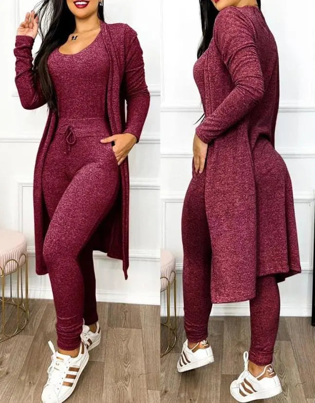 Two Piece Set Women Outfit 2023 Spring Fashion Drawstring Pocket Design U - Neck Sleeveless Skinny Jumpsuit & Long Sleeve Coat Set - SHOWLU FASHION STORE