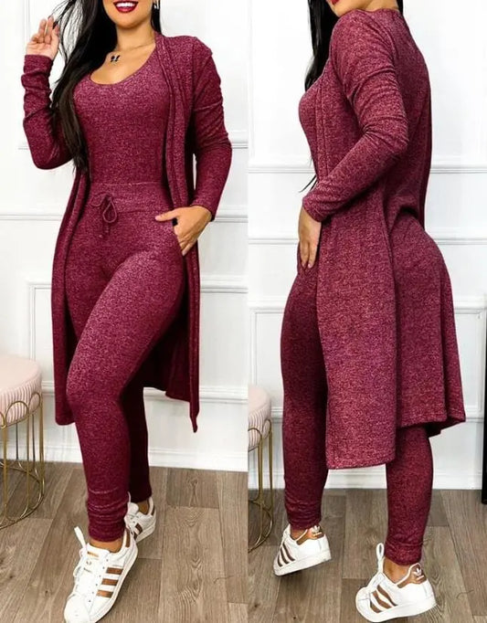 Two Piece Set Women Outfit 2023 Spring Fashion Drawstring Pocket Design U - Neck Sleeveless Skinny Jumpsuit & Long Sleeve Coat Set - SHOWLU FASHION STORE