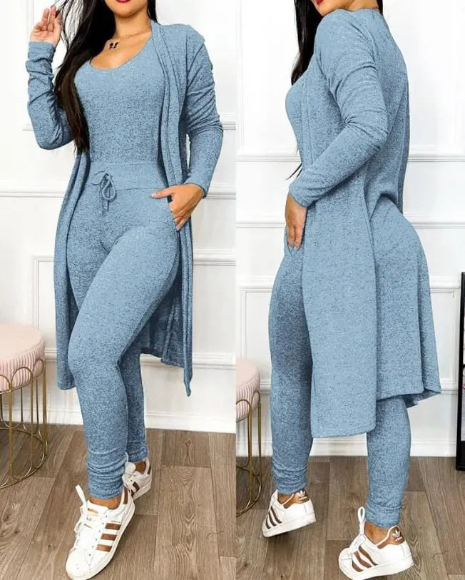 Two Piece Set Women Outfit 2023 Spring Fashion Drawstring Pocket Design U - Neck Sleeveless Skinny Jumpsuit & Long Sleeve Coat Set - SHOWLU FASHION STORE