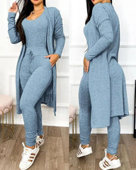 Two Piece Set Women Outfit 2023 Spring Fashion Drawstring Pocket Design U - Neck Sleeveless Skinny Jumpsuit & Long Sleeve Coat Set - SHOWLU FASHION STORE