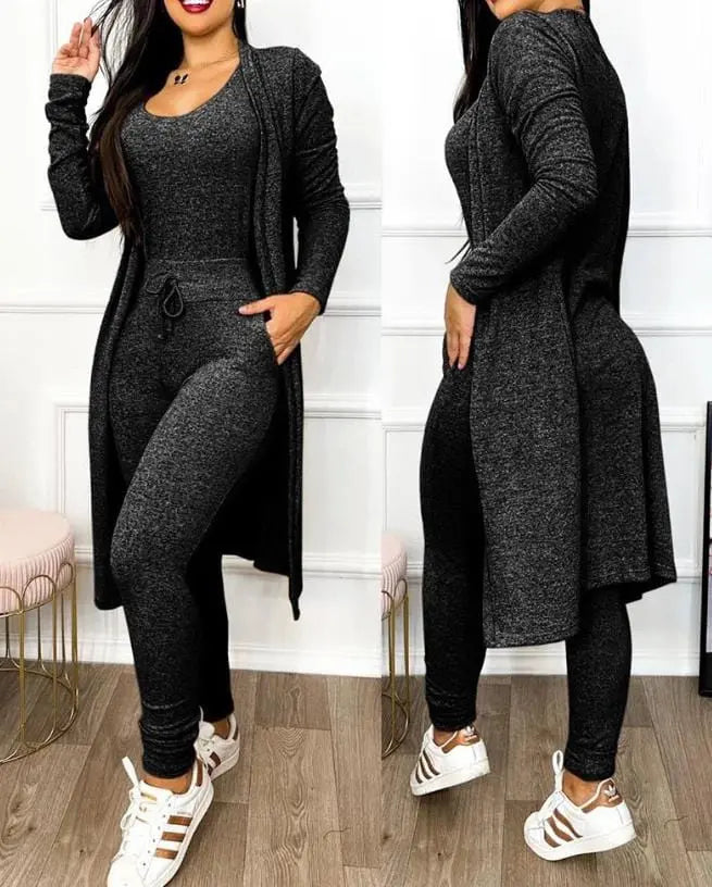 Two Piece Set Women Outfit 2023 Spring Fashion Drawstring Pocket Design U - Neck Sleeveless Skinny Jumpsuit & Long Sleeve Coat Set - SHOWLU FASHION STORE