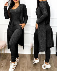 Two Piece Set Women Outfit 2023 Spring Fashion Drawstring Pocket Design U - Neck Sleeveless Skinny Jumpsuit & Long Sleeve Coat Set - SHOWLU FASHION STORE