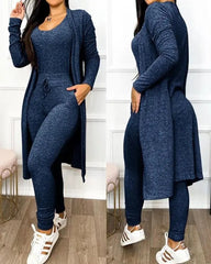 Two Piece Set Women Outfit 2023 Spring Fashion Drawstring Pocket Design U - Neck Sleeveless Skinny Jumpsuit & Long Sleeve Coat Set - SHOWLU FASHION STORE