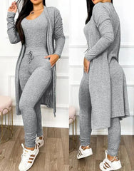 Two Piece Set Women Outfit 2023 Spring Fashion Drawstring Pocket Design U - Neck Sleeveless Skinny Jumpsuit & Long Sleeve Coat Set - SHOWLU FASHION STORE