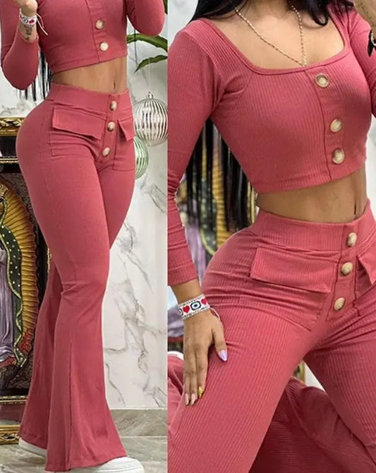 Two Piece Set Women Outfit 2023 Summer Fashion Square Neck Long Sleeve Buttoned Top & Pocket Design High Waist Flared Pants Set - SHOWLU FASHION STORE