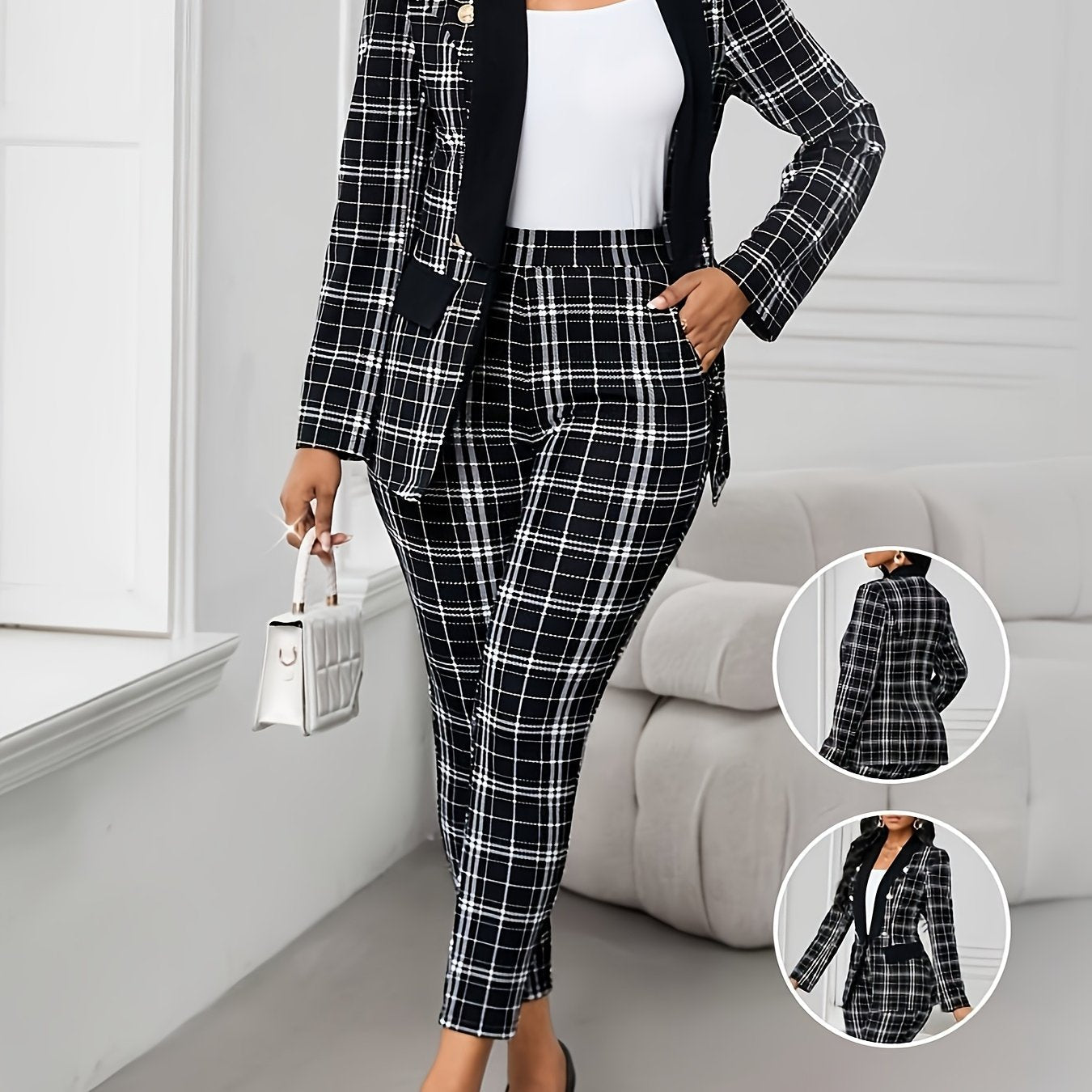 Elegant Geometric Print Plaid Blazer & Pants Set - Black & White Checkered, Long Sleeve, Button-Up, Casual Western Style, Elastic Waist, Pockets, Polyester Blend, Fall & Spring Attire for Women, Casual Attire|Modern Casualwea SHOWLU FASHION STORE