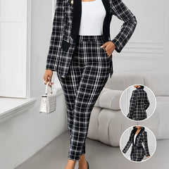 Elegant Geometric Print Plaid Blazer & Pants Set - Black & White Checkered, Long Sleeve, Button-Up, Casual Western Style, Elastic Waist, Pockets, Polyester Blend, Fall & Spring Attire for Women, Casual Attire|Modern Casualwea SHOWLU FASHION STORE