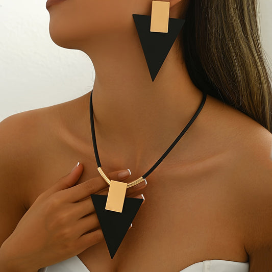Vintage Simple Style 3pcs Set, Black Wax Cord Geometric Rectangular Inverted Triangle Pendant Necklace and Earrings, Iron Jewelry for Women, Daily and Party Accessory, All-Season Fit SHOWLU FASHION STORE