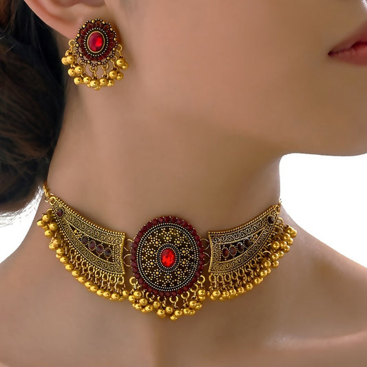 Bollywood Style 1 Pair Of Earrings + 1 Choker Vintage Jewelry Set Tribal Design 14k Gold Plated Inlaid Rhinestone Red Or Blue Make Your Call Match Daily Outfits SHOWLU FASHION STORE