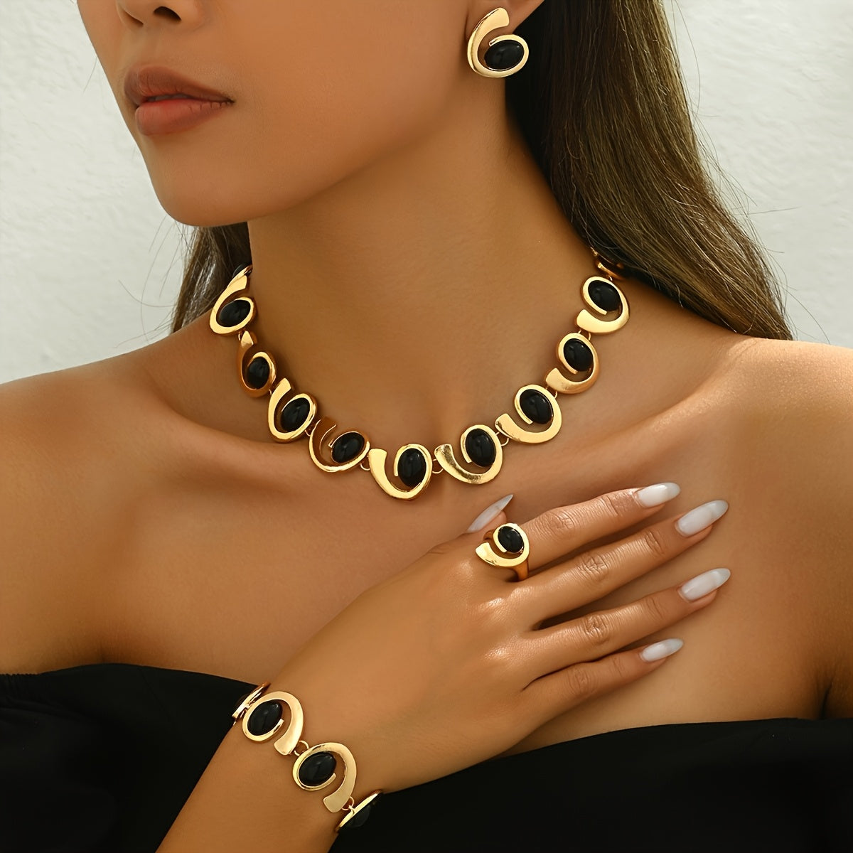 5pcs Elegant Jewelry Set with Black Acrylic Geometric Spiral & Snail Design - Golden-Toned Necklace, Bracelet, Stud Earrings, Ring - Ideal for Daily Wear & Parties, Vintage Jewelry SHOWLU FASHION STORE