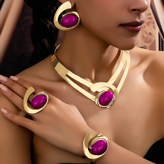 1 Set Elegant Vacation Style Women'S Jewelry Set - Asymmetric Gemstone Collar Necklace, Stud Earrings, Bracelet, and Ring - Plastic Inlay, Alloy Base, Perfect for Parties and Holidays, All-Season Wear SHOWLU FASHION STORE