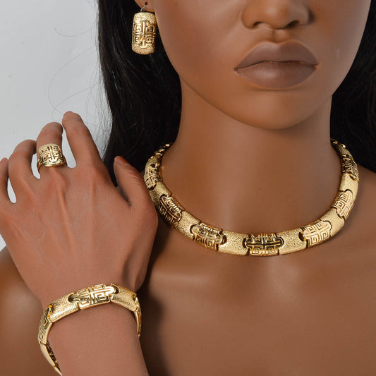 Elegant Women's Jewelry Set - Geometric Frosted Bamboo & Auspicious Patterns, Copper Necklace, Bracelet, Earrings, Ring - Perfect for Parties & Weddings SHOWLU FASHION STORE