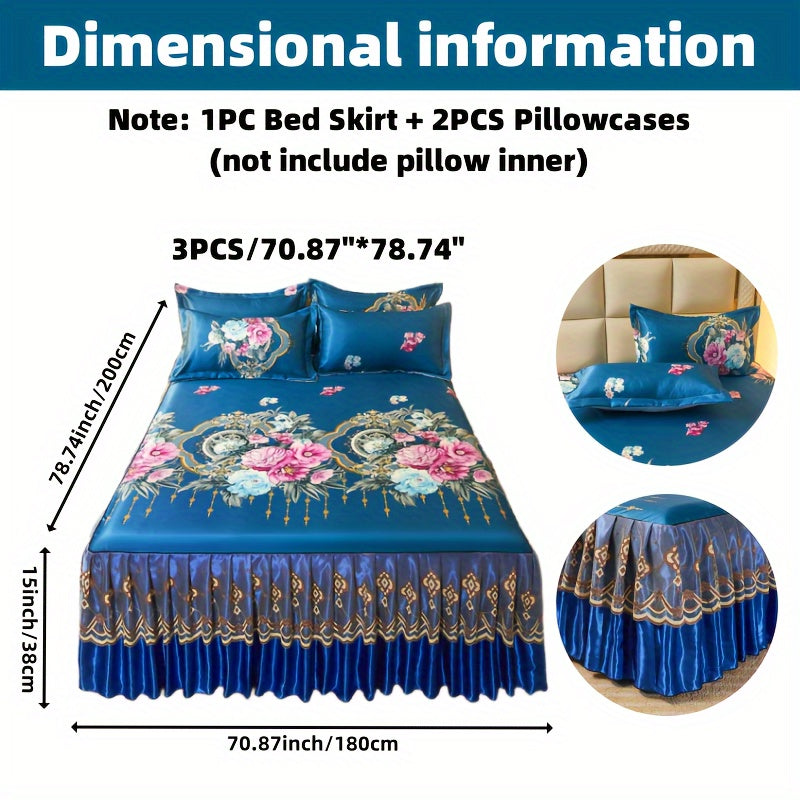 2pcs/3pcs Jacquard Bed Skirt Set with Pillowcases, Lace Hem, Floral Pattern, Soft & Comfortable, Machine Washable, Polyester 100%, Contemporary Style, Woven Fabric, 120g - Single/Double Size Options SHOWLU FASHION STORE
