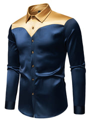 Men'S Silky Smooth Color Block Long Sleeve Button-Up Shirt - Black with Golden Accents, Casual Lapel Style, Polyester Blend, Perfect for All Seasons SHOWLU FASHION STORE