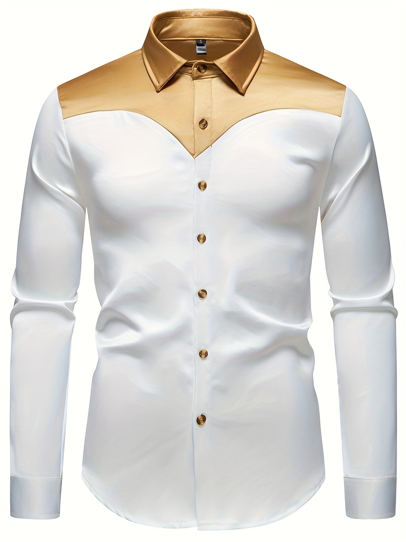 Men'S Silky Smooth Color Block Long Sleeve Button-Up Shirt - Black with Golden Accents, Casual Lapel Style, Polyester Blend, Perfect for All Seasons SHOWLU FASHION STORE