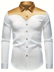 Men'S Silky Smooth Color Block Long Sleeve Button-Up Shirt - Black with Golden Accents, Casual Lapel Style, Polyester Blend, Perfect for All Seasons SHOWLU FASHION STORE