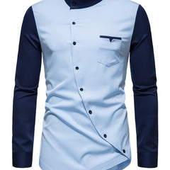 [Glossy Fabric] Stylish Men's Color Block Henley Shirt with Unique Slant Button Detail - Casual Stand Collar, Long Sleeve, Polyester Blend, Machine Washable - Perfect for All Seasons SHOWLU FASHION STORE