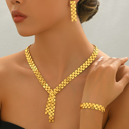 Elegant Vintage Hip Hop Jewelry Set for Women - 4pcs 18K Golden Plated Iron Necklace, Earrings, and Bracelet Combo, Ideal for Weddings, Banquets, and Romantic Parties, All-Season Gift for Spring Festival SHOWLU FASHION STORE