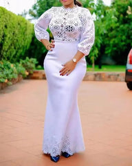 African Dresses for Women 2021 African Women Long Sleeve O - neck White Color Plus Size Long Dress African Clothes S - 5XL - SHOWLU FASHION STORE