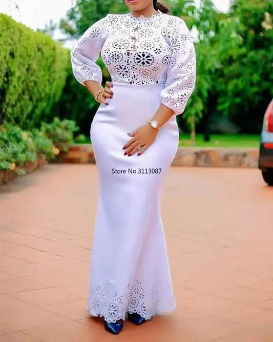 African Dresses for Women 2021 African Women Long Sleeve O - neck White Color Plus Size Long Dress African Clothes S - 5XL - SHOWLU FASHION STORE