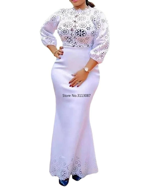 African Dresses for Women 2021 African Women Long Sleeve O - neck White Color Plus Size Long Dress African Clothes S - 5XL - SHOWLU FASHION STORE