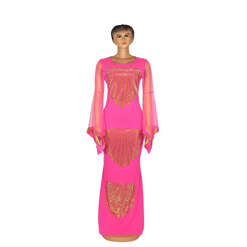 African mom dress fashion gauze horn sleeve hot diamond hip - covered fish tail large size stretch dress - SHOWLU FASHION STORE