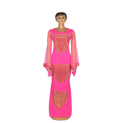African mom dress fashion gauze horn sleeve hot diamond hip - covered fish tail large size stretch dress - SHOWLU FASHION STORE