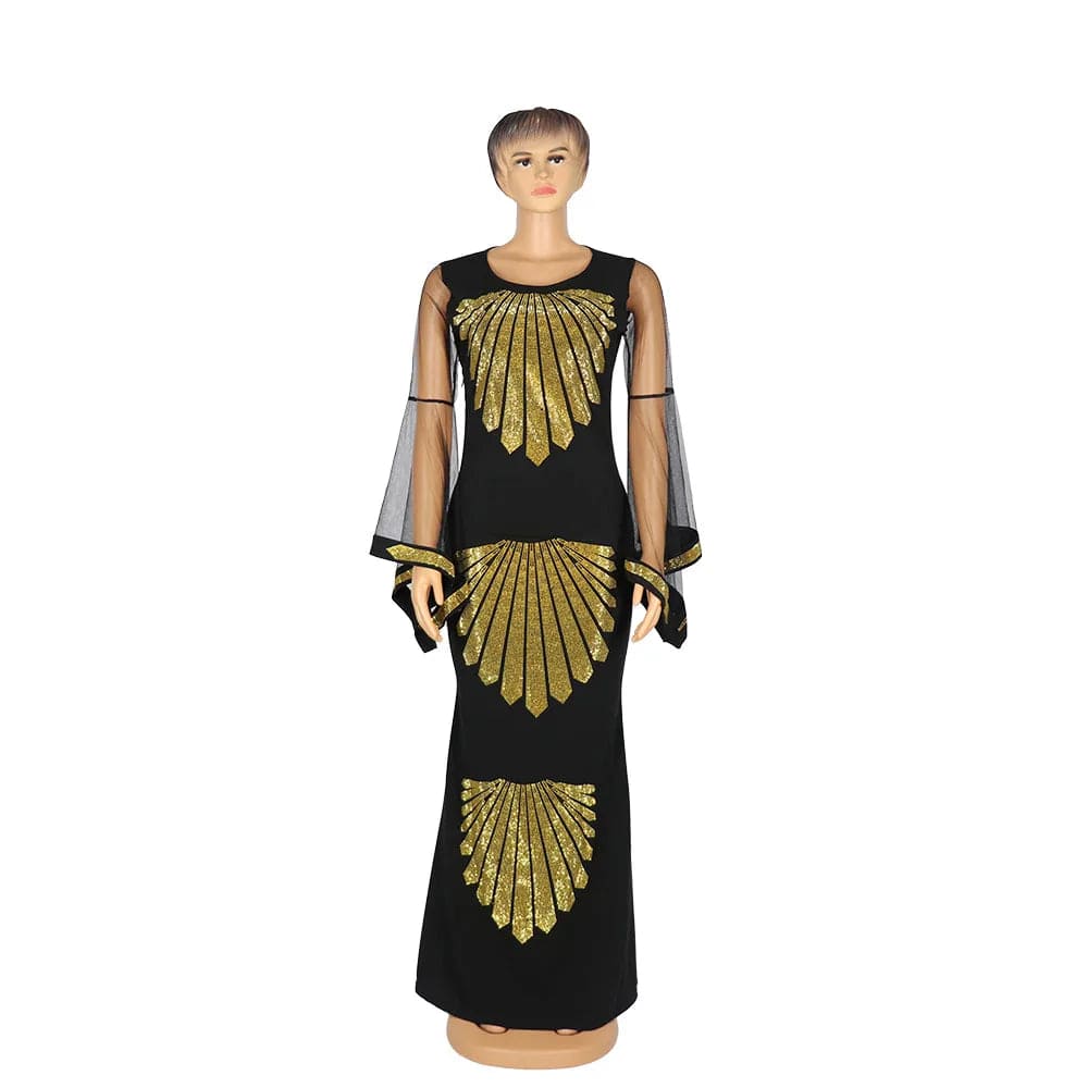 African mom dress fashion gauze horn sleeve hot diamond hip - covered fish tail large size stretch dress - SHOWLU FASHION STORE