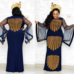 African mom dress fashion gauze horn sleeve hot diamond hip - covered fish tail large size stretch dress - SHOWLU FASHION STORE