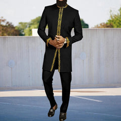 African Traditional Men Suit Printed Shirt Top Elastic Waist Pants White Wedding 2 Piece Set Outfits Ethnic Style Costumes - SHOWLU FASHION STORE