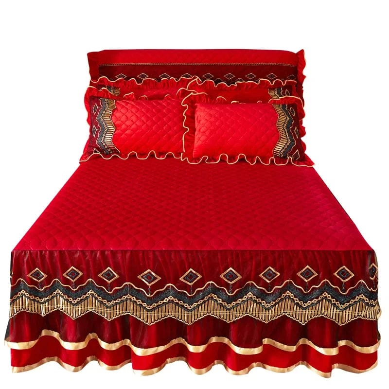 AI WINSURE - European Lace Velvet Bedspreads Quilted, King Size, Luxury, Retro Soft Bedskirt Set, with 2 Pillow Shams, Queen - SHOWLU FASHION STORE