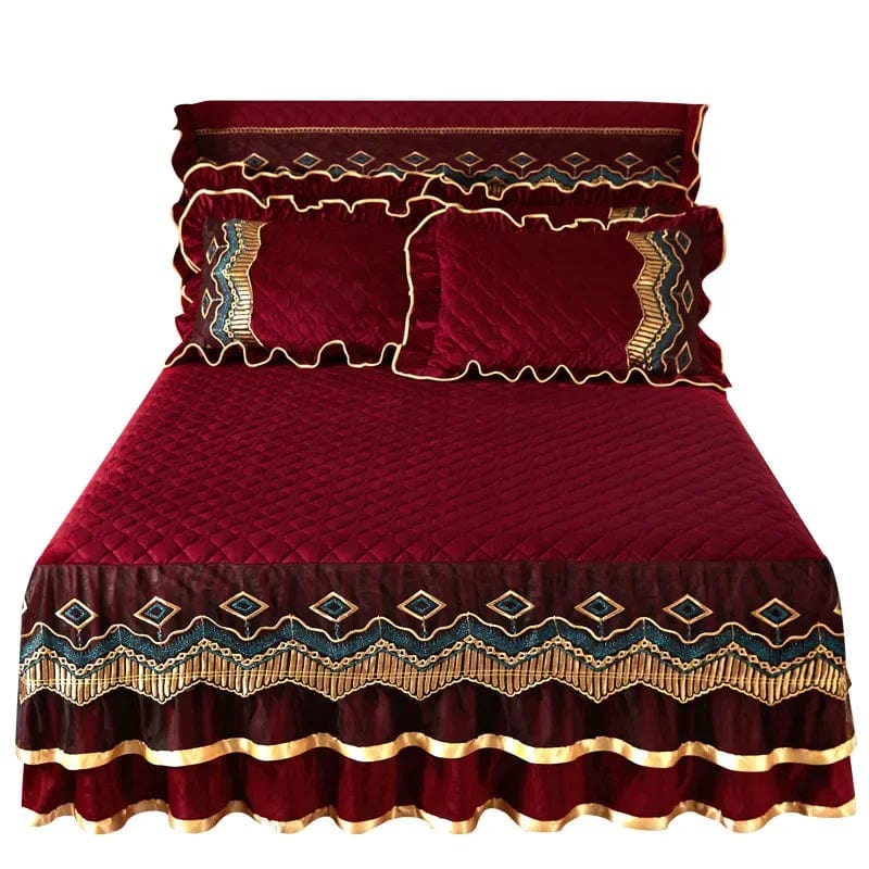 AI WINSURE - European Lace Velvet Bedspreads Quilted, King Size, Luxury, Retro Soft Bedskirt Set, with 2 Pillow Shams, Queen - SHOWLU FASHION STORE