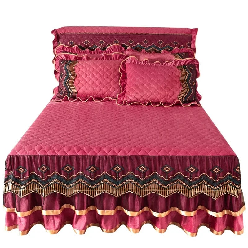 AI WINSURE - European Lace Velvet Bedspreads Quilted, King Size, Luxury, Retro Soft Bedskirt Set, with 2 Pillow Shams, Queen - SHOWLU FASHION STORE