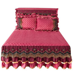 AI WINSURE - European Lace Velvet Bedspreads Quilted, King Size, Luxury, Retro Soft Bedskirt Set, with 2 Pillow Shams, Queen - SHOWLU FASHION STORE