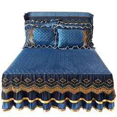 AI WINSURE - European Lace Velvet Bedspreads Quilted, King Size, Luxury, Retro Soft Bedskirt Set, with 2 Pillow Shams, Queen - SHOWLU FASHION STORE