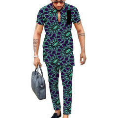 Ankara print short sleeve tops with trousers colorful men's pant sets African fashion groom suits customize party clothes - SHOWLU FASHION STORE