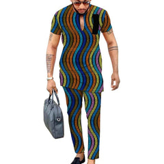 Ankara print short sleeve tops with trousers colorful men's pant sets African fashion groom suits customize party clothes - SHOWLU FASHION STORE