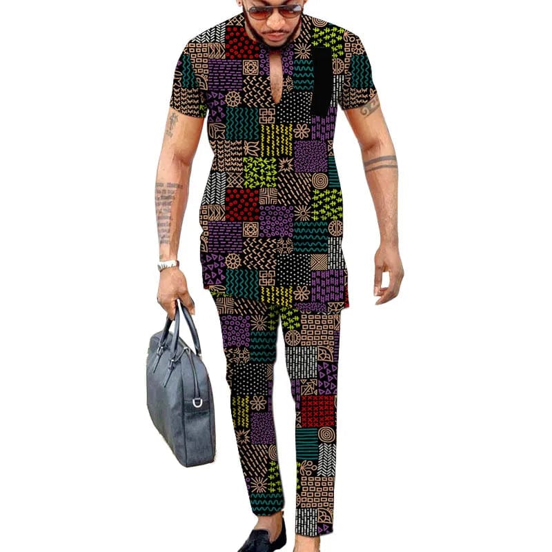 Ankara print short sleeve tops with trousers colorful men's pant sets African fashion groom suits customize party clothes - SHOWLU FASHION STORE