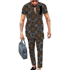 Ankara print short sleeve tops with trousers colorful men's pant sets African fashion groom suits customize party clothes - SHOWLU FASHION STORE