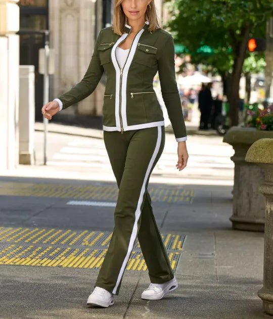 Autumn New Fashion Two Pice Set Color Blocking Zipper Elegant Office Pencil Suits Women Casual Bodycon Pants Set Vestido - SHOWLU FASHION STORE