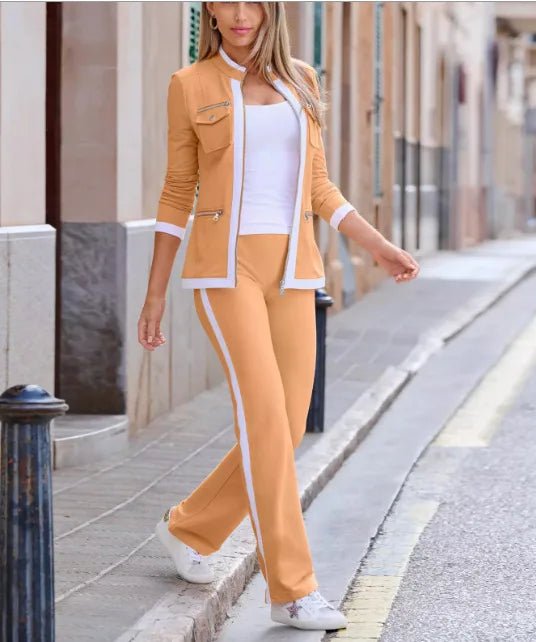 Autumn New Fashion Two Pice Set Color Blocking Zipper Elegant Office Pencil Suits Women Casual Bodycon Pants Set Vestido - SHOWLU FASHION STORE