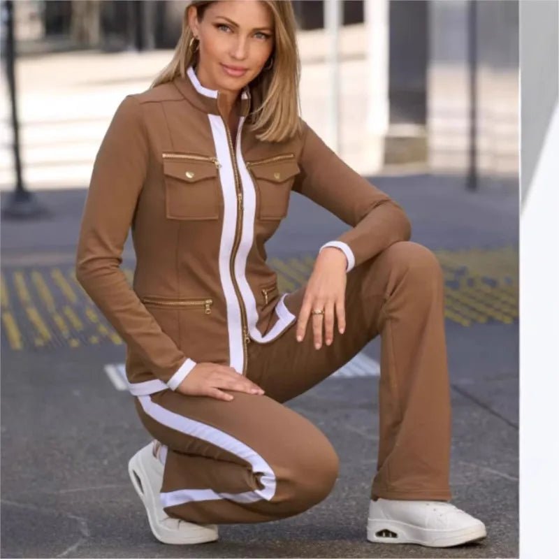Autumn New Fashion Two Pice Set Color Blocking Zipper Elegant Office Pencil Suits Women Casual Bodycon Pants Set Vestido - SHOWLU FASHION STORE