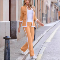 Autumn New Fashion Two Pice Set Color Blocking Zipper Elegant Office Pencil Suits Women Casual Bodycon Pants Set Vestido - SHOWLU FASHION STORE